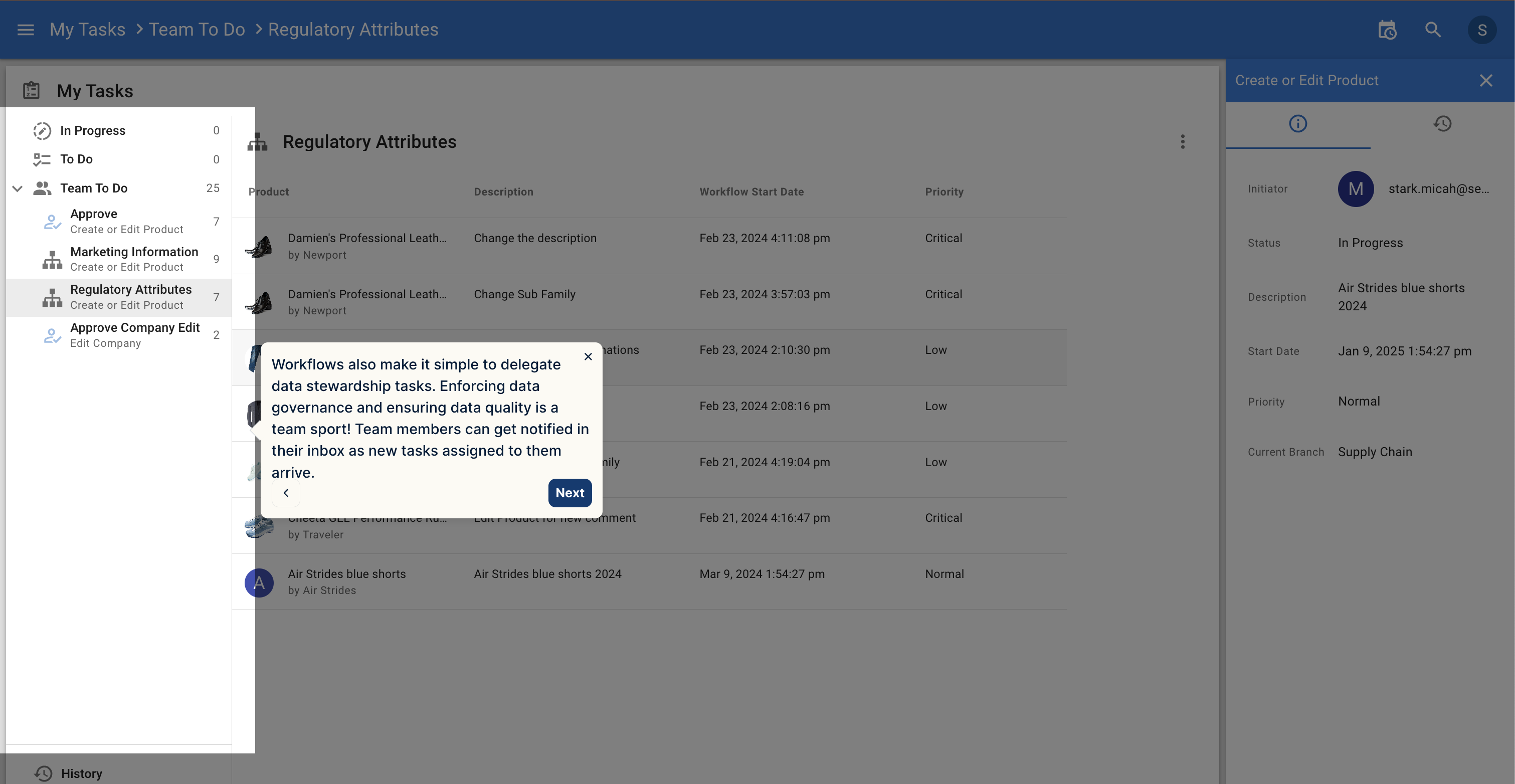 Data Governance Workflow Task Inbox Screenshot